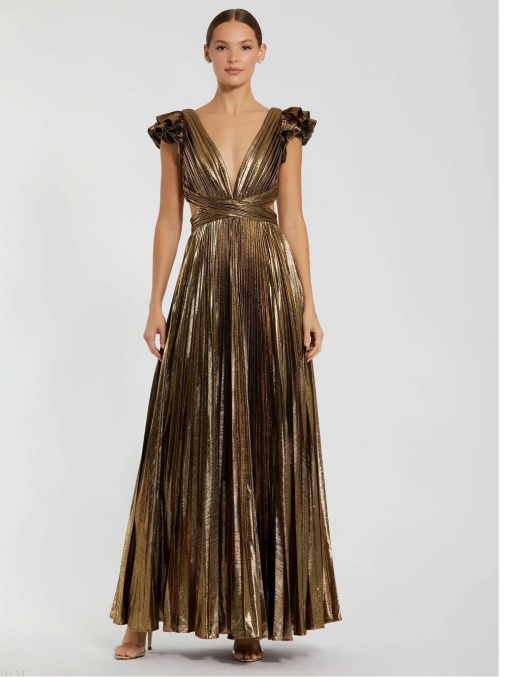 Mac Duggal Ruffle Sleeve Cutout Pleated Metallic Gown